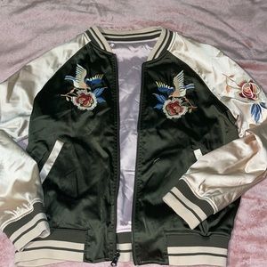 Green Embroidered Satin Bird Reversible Bomber Jacket